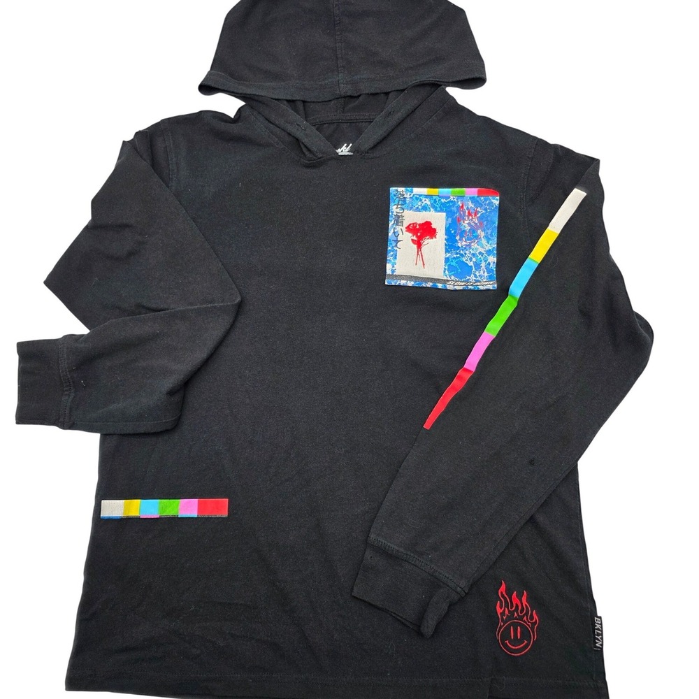 Brooklyn Artsy Cloth Hoodie Mens Medium Black Graphic Patch Long Sleeve‎ Tee